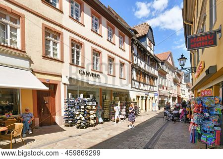 Neustadt An Der Weinstrasse, Germany - August 2022: Old Historic City Center With Small Shops, Sidew
