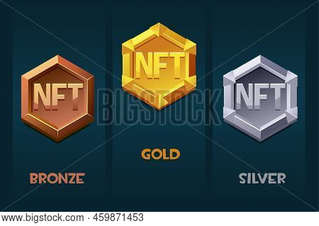 Nft Award Badge For Game Resources In Different Metals. Gold, Silver And Bronze Award Badge. Cryptoc
