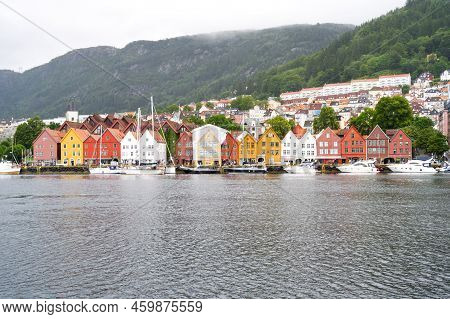 Bergen (vestland) In Norway Extra Wide Panorama Of Old Part Bryggen Port Europe