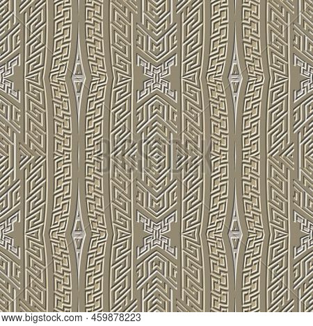 Textured Emboss Borders. Geometric Tribal Ethnic 3d Border Seamless Pattern. Repeat Greek Surface Ba