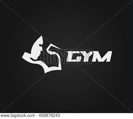 Man Bodybuilder Bust With Inflated Arm, White Silhouette, Gym Trainer Logo Concept. Vector Illustrat