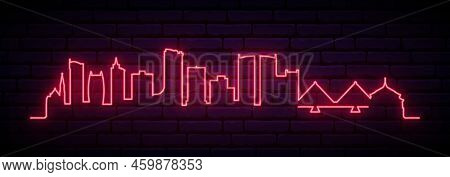 Red Neon Skyline Of Dar Es Salaam. Bright Dar Es Salaam City Long Banner. Vector Illustration.