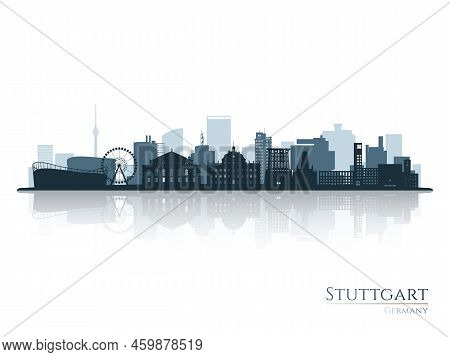 Stuttgart Skyline Silhouette With Reflection. Landscape Stuttgart, Germany. Vector Illustration.