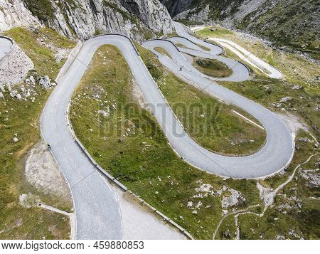 Drone View At Tremola The Old Road To Gotthard Pass In Switzerland