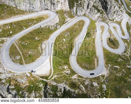 Drone View At Tremola The Old Road To Gotthard Pass In Switzerland