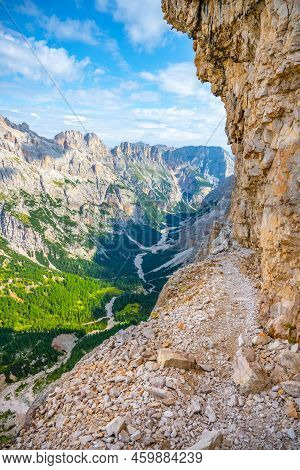 Panoramic View Of Tavernanzes Valley In Dolomites. Piz Forcia Rossa Ridge On Background. Italy
