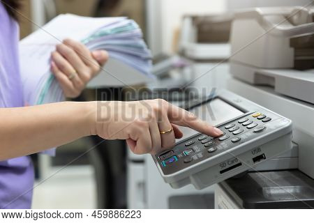 Woman Standing And Pressing Button Button On Panel Of Printer, Printer Scanner Laser Office Copy Mac
