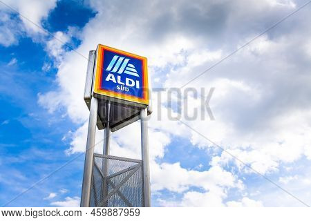 Hockenheim, Germany - June 08, 2022: Commercial Sign Of Aldi Store Against A Blue Sky. Aldi Is A Lar