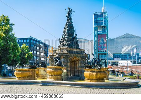 Mannheim, Germany - June 10, 2022:  Colorful Trams In Mannheim City, Shopping Center Without  Cars. 