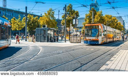 Mannheim, Germany - June 10, 2022:  Colorful Trams In Mannheim City, Shopping Center Without  Cars. 