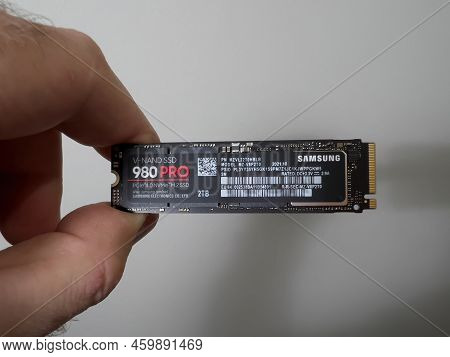 Paris, France - Aug 4, 2022: Pov Male Hand Unboxing Unpacking New Samsung 980 Pro Nvme Ss Hard Disk 