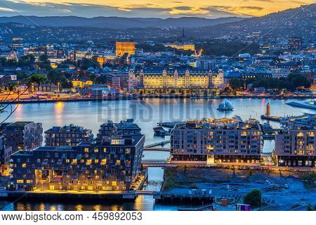 View Over Oslo In Norway With The Oslo Fjord After Sunset