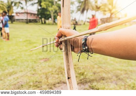 Wooden Bow And Arrow Used By The Miskito And Mayagna Indigenous Communities Of The Caribbean Of Nica