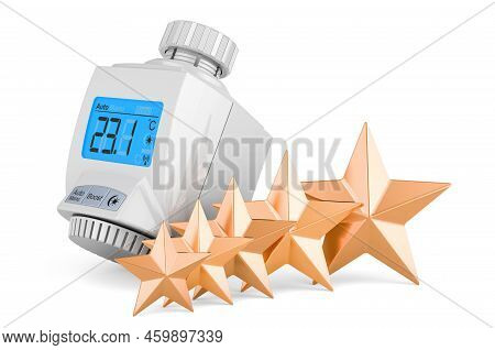 Digital Radiator Thermostatic Valve With Five Golden Stars. 3d Rendering Isolated On White Backgroun