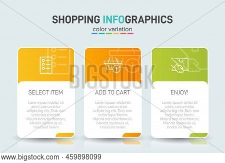 Concept Of Shopping Process With 3 Successive Steps. Three Colorful Graphic Elements. Timeline Desig