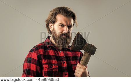 Exploring Tools. Male Casual Fashion Style. Handsome Hipster With Axe. Logger Or Axeman Concept