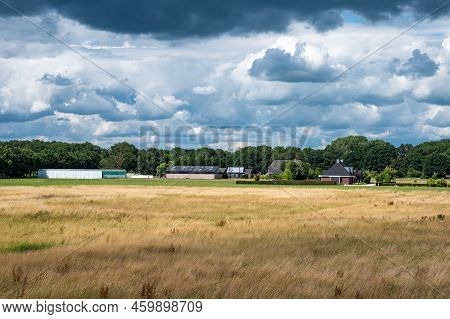 Zwolle, Overijssel, The Netherlands, 07 15 2022 - Dike View Over The Nature Fields, Trees And Clouds