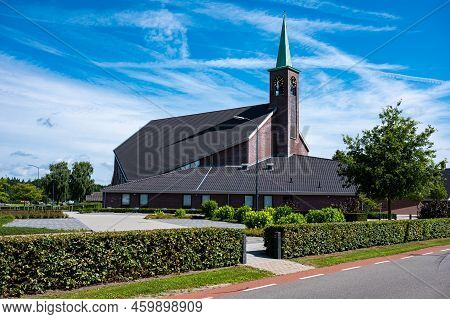 Elspeet, Gelderland, The Netherlands, 07 14 2022 - Facade Of The Restored Reformed Church, A Calvini