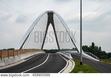 Oelegem, Antwerp Province, Belgium - 07 08 2022 - Suspension Bridge Over The Albert Canal