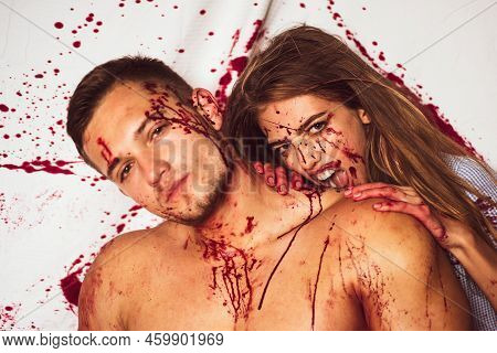 Raw Meat, Halloween Couple In Blood. Meatman In Butcher Shop. Piece Of Meat. Bloody Face.