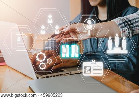 Business Team Hand Pointing For Selection Human Resource On A Virtual Screen Interface To Company. H