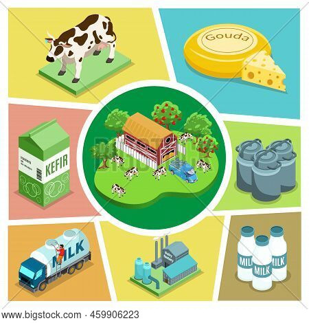 Isometric Farming Elements Composition With House Apple Trees Cows Dairy Factory Truck Kefir Cheese 
