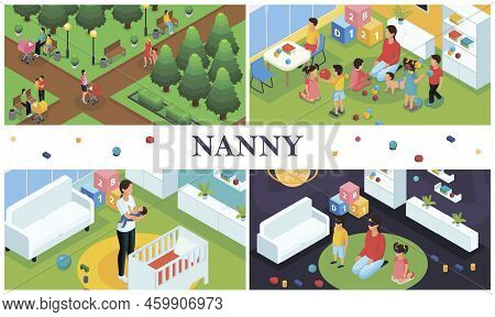 Isometric Nanny Work Composition With Parents Walking With Kids Nanny Playing With Children At Home 