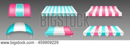 Shop, Cafe Or Market Canopy, Awning With White, Blue And Pink Stripes. Striped Sunshade For Grocery,