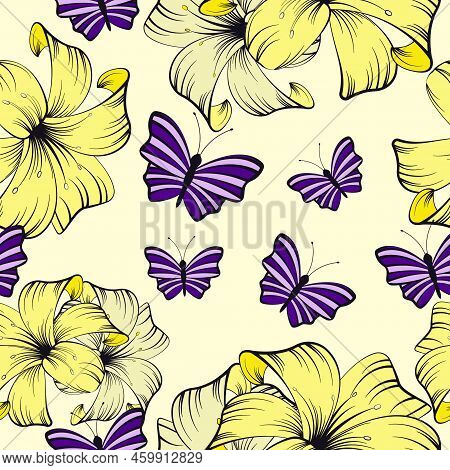 Floral Colorful Seamless Pattern. Yellow And Purple Lily Flower. Butterfly. Prints, Packaging Templa