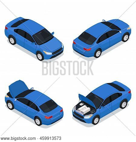 Car Service 2x2 Isometric Icons Set Of Four Blue Passenger Automobiles With Open Hood Isolated On Wh