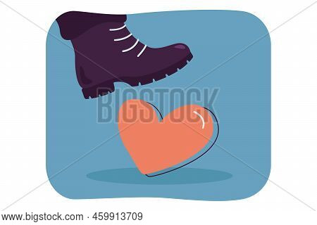 Military Boot Stomping In Red Comic Heart. Foot Of Person Breaking Heart Flat Vector Illustration. B