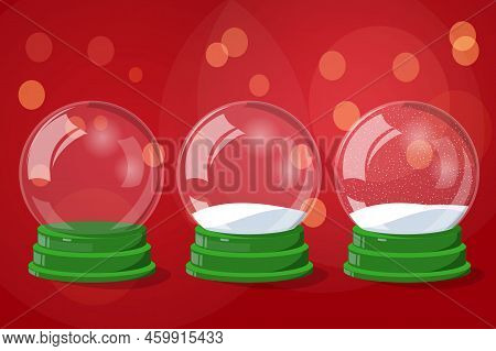 Set Of Three Snowglobes. Vector Illustration Of An Empty Snowglobe. Snowfall Inside A Glossy Sphere,