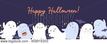 Cute Halloween Banner With Happy Ghosts. Helloween Holiday Night Background Design With Spooks, Boo 