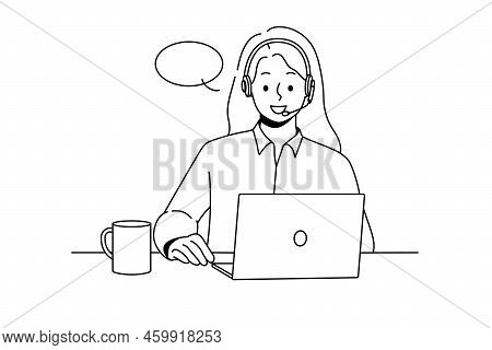 Smiling Woman In Headset Sit Ta Desk Talk On Video Call On Computer. Happy Female Call Center Agent 