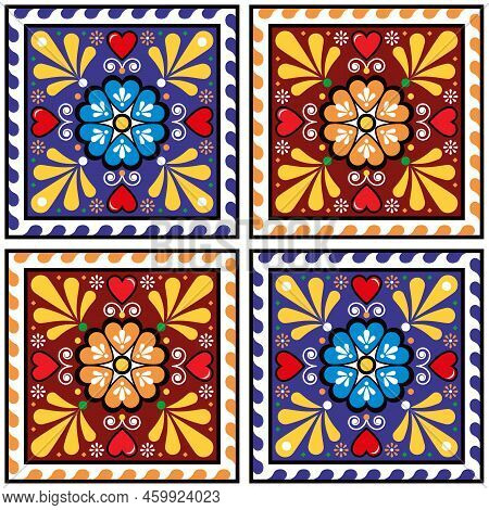 Mexican Talavera Cermic Tiles Style Vector Seamless Pattern With Floral And Geometric Motif, Retro B