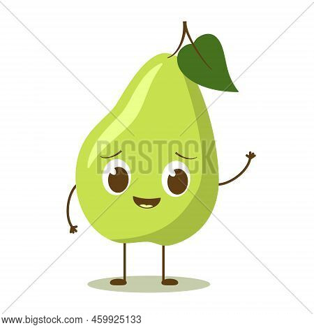 Character Green Pear With A Face. Cheerful Pear With Eyes Waving His Hand Illustration Easy To Recol