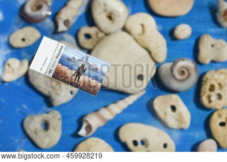 Kyiv, Ukraine - April 21: Ukrainian Postage Stamp Russian Warship, Go...snake Island Postmark. Marin