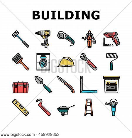 Building Tool Hammer Repair Drill Icons Set Vector. Home Saw, Construction Screwdriver, House Work, 