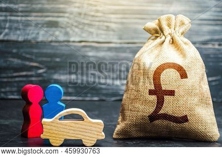 Couple Figurines And British Pound Sterling Money Bag. Wealth And Earnings Level. Transport Policy. 