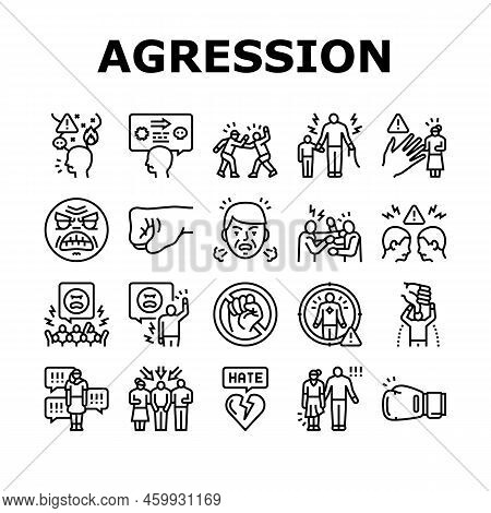 Violence First Aggressive Hand Icons Set Vector. Anger Conflict, Aggression Human Fight, Man People 
