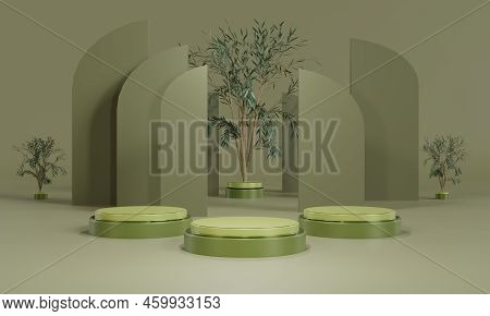 3d  Podium Display With Tree. Copy Space Green Background, Cosmetic Or Beauty Product Promotion Mock