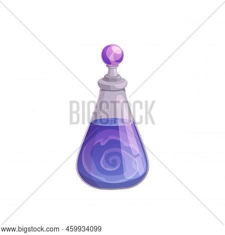 Potion Bottle Vector Icon, Magic Elixir In Glass Flask With Vortex In Purple Liquid. Witch Poison, A