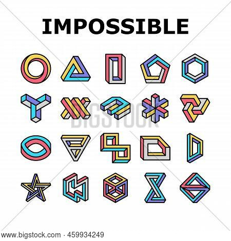 Impossible Geometric Shape Icons Set Vector. Triangle Illusion, Abstract 3d Optical Cube, Infinity O