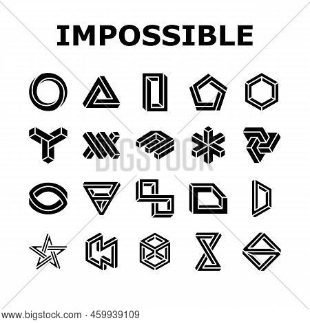 Impossible Geometric Shape Icons Set Vector. Triangle Illusion, Abstract 3d Optical Cube, Infinity O