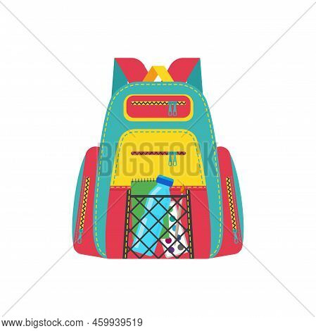 Rucksack, School Bag Or Backpack With Notebook, Paints And Brush Isolated. Vector Rucksack Education