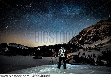 Milky Way In The Night Over The Swiss Mountains In Appenzell