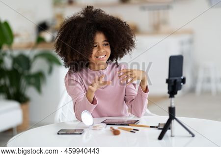 Smiling Adorable Black School Girl Vlogger Steraming From Home
