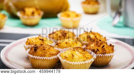 Typical Sweet From Brazil And Portugal, Called Queijadinha Or Queijada. Homemade Dessert, Pastry Fro