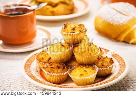 Queijadinha Or Queijada, Sweet Baked Dessert From A Traditional Bakery And Pastry Shop From Brazil A