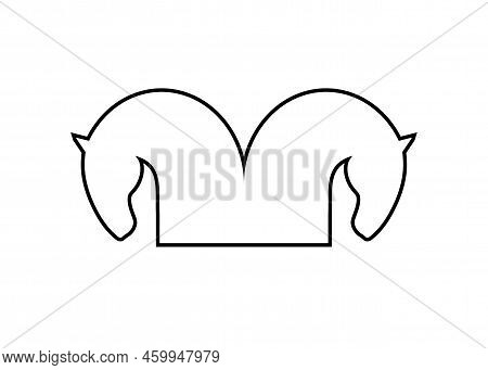 Horse's Heads Is Drawn With Black Line On White Background. Pferde Welt. Linear Logo. Vector Illustr